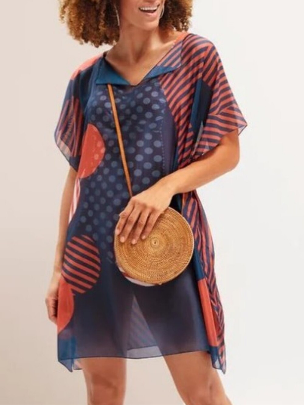 Amoena Alabama Tunic Sheer Navy & Rust Polka-Dot Swim Cover-Up